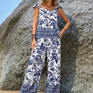 Casual Floral Print Ruffle Trim Top & Wide Leg Pants Blue